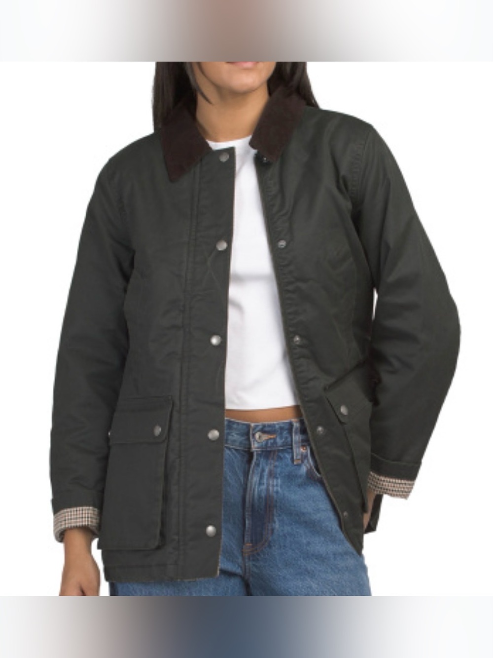 Cole Haan olive green barn jacket with dark brown corduroy collar and plaid trim